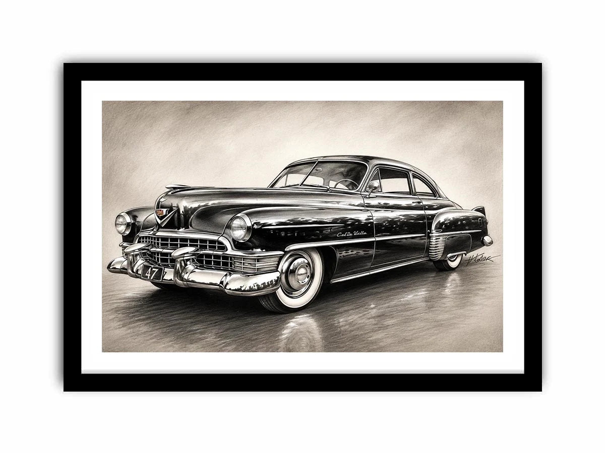 Vintage classic car sketch wall art with retro monochrome automotive illustration and luxury industrial interior style