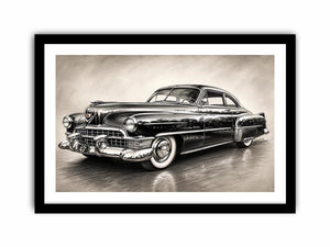 Vintage classic car sketch wall art with retro monochrome automotive illustration and luxury industrial interior style