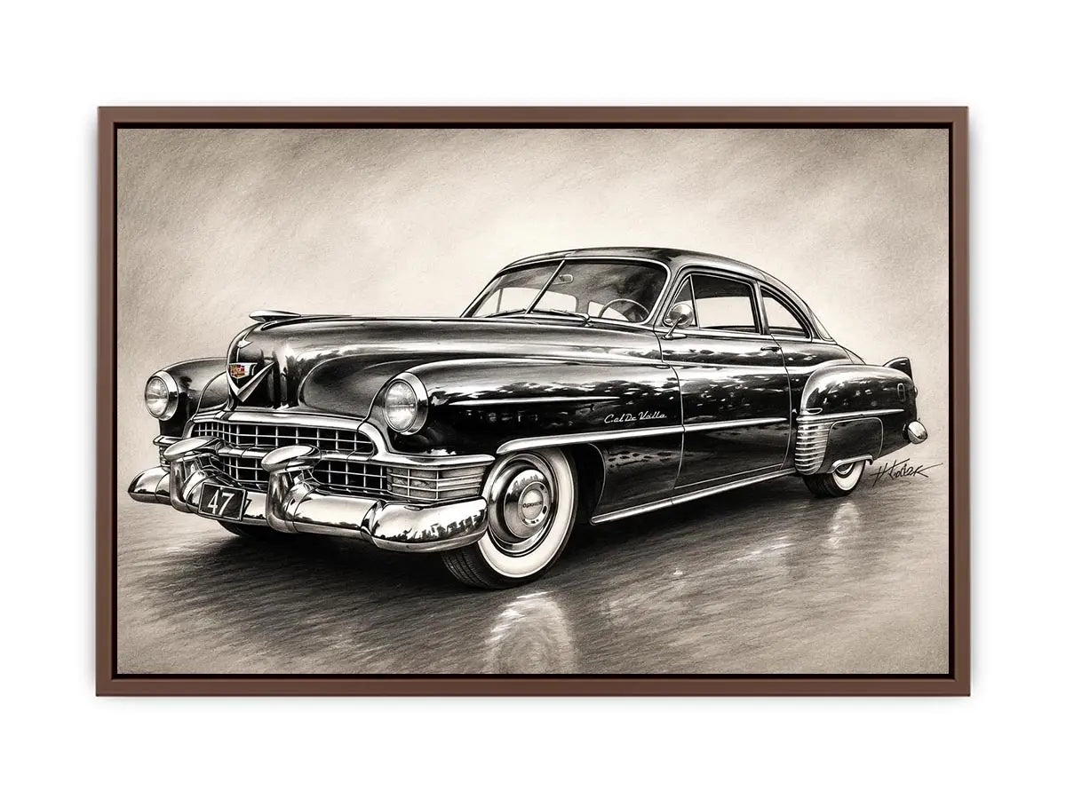 Vintage classic car sketch wall art with retro monochrome automotive illustration and luxury industrial interior style
