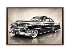 Vintage classic car sketch wall art with retro monochrome automotive illustration and luxury industrial interior style