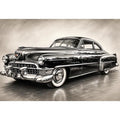Vintage classic car sketch wall art with retro monochrome automotive illustration and luxury industrial interior style