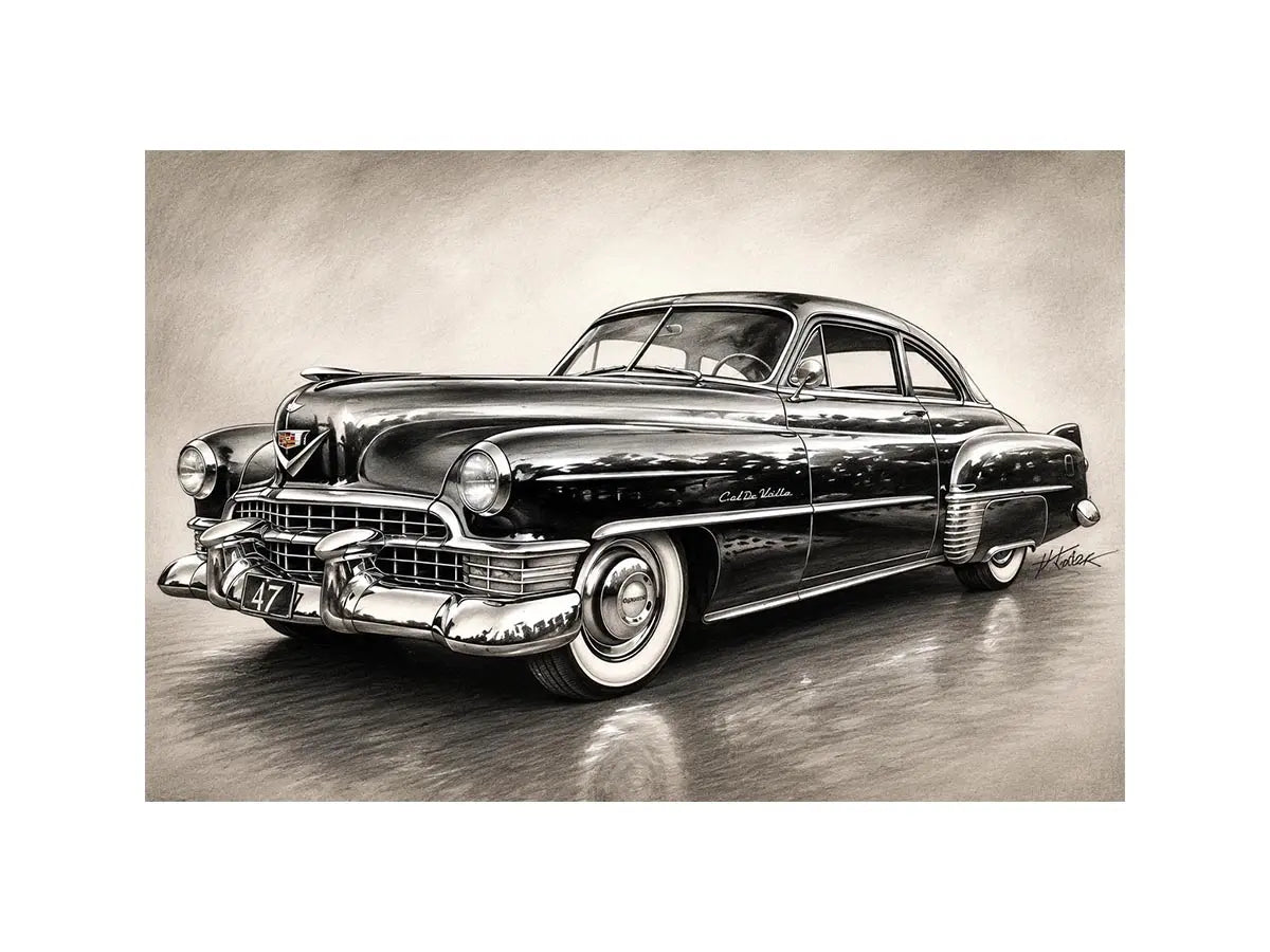 Vintage classic car sketch wall art with retro monochrome automotive illustration and luxury industrial interior style