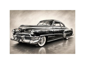 Vintage classic car sketch wall art with retro monochrome automotive illustration and luxury industrial interior style