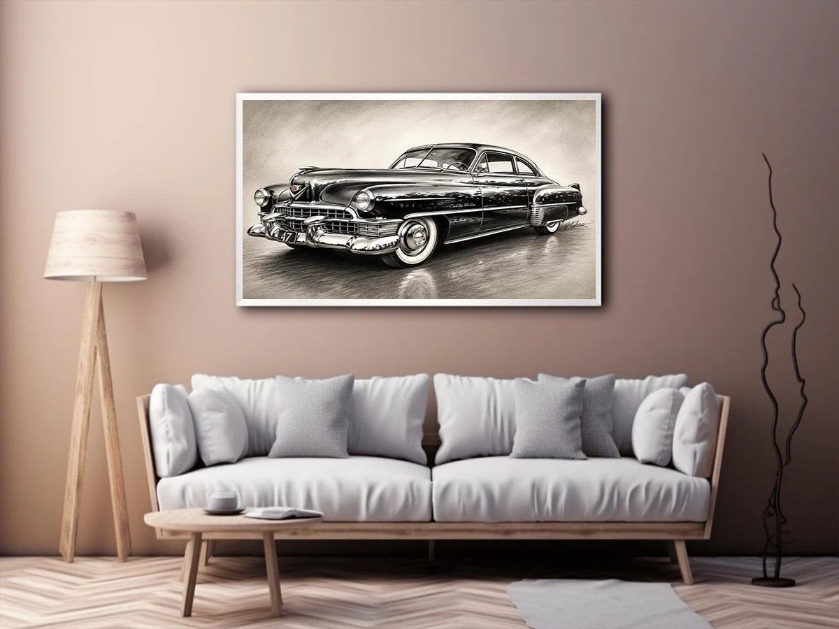 Vintage classic car sketch wall art with retro monochrome automotive illustration and luxury industrial interior style