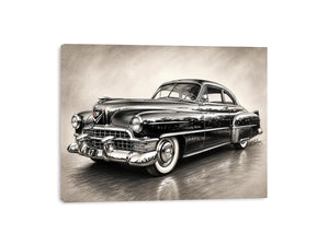 Vintage classic car sketch wall art with retro monochrome automotive illustration and luxury industrial interior style