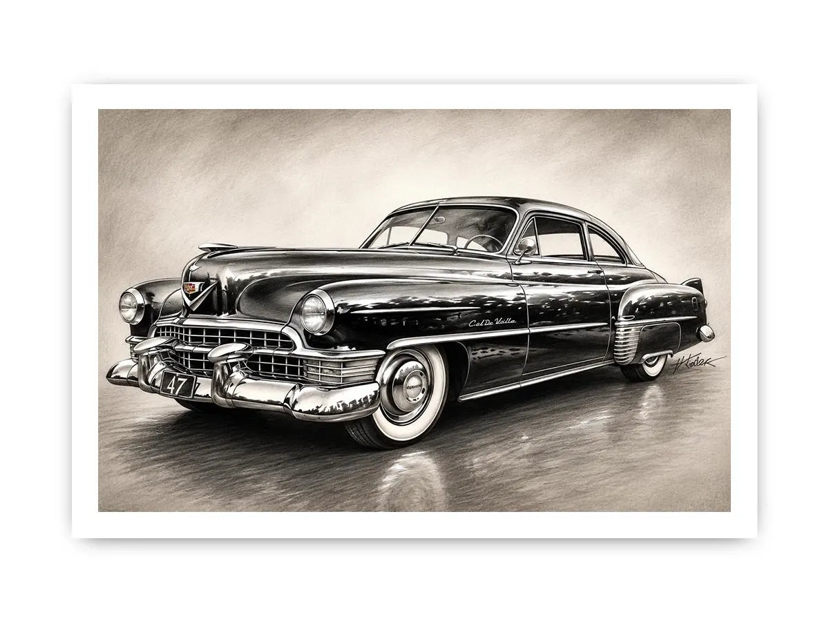 Vintage classic car sketch wall art with retro monochrome automotive illustration and luxury industrial interior style