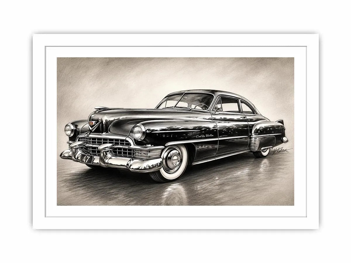 Vintage classic car sketch wall art with retro monochrome automotive illustration and luxury industrial interior style