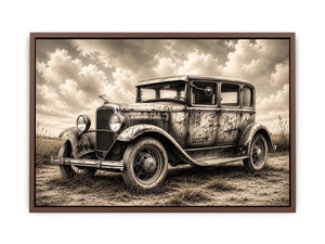 Vintage rustic classic car wall art canvas with moody countryside landscape and retro automotive charm