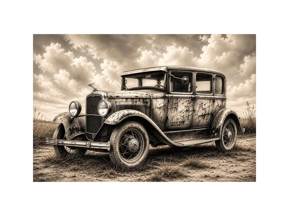 Vintage rustic classic car wall art canvas with moody countryside landscape and retro automotive charm
