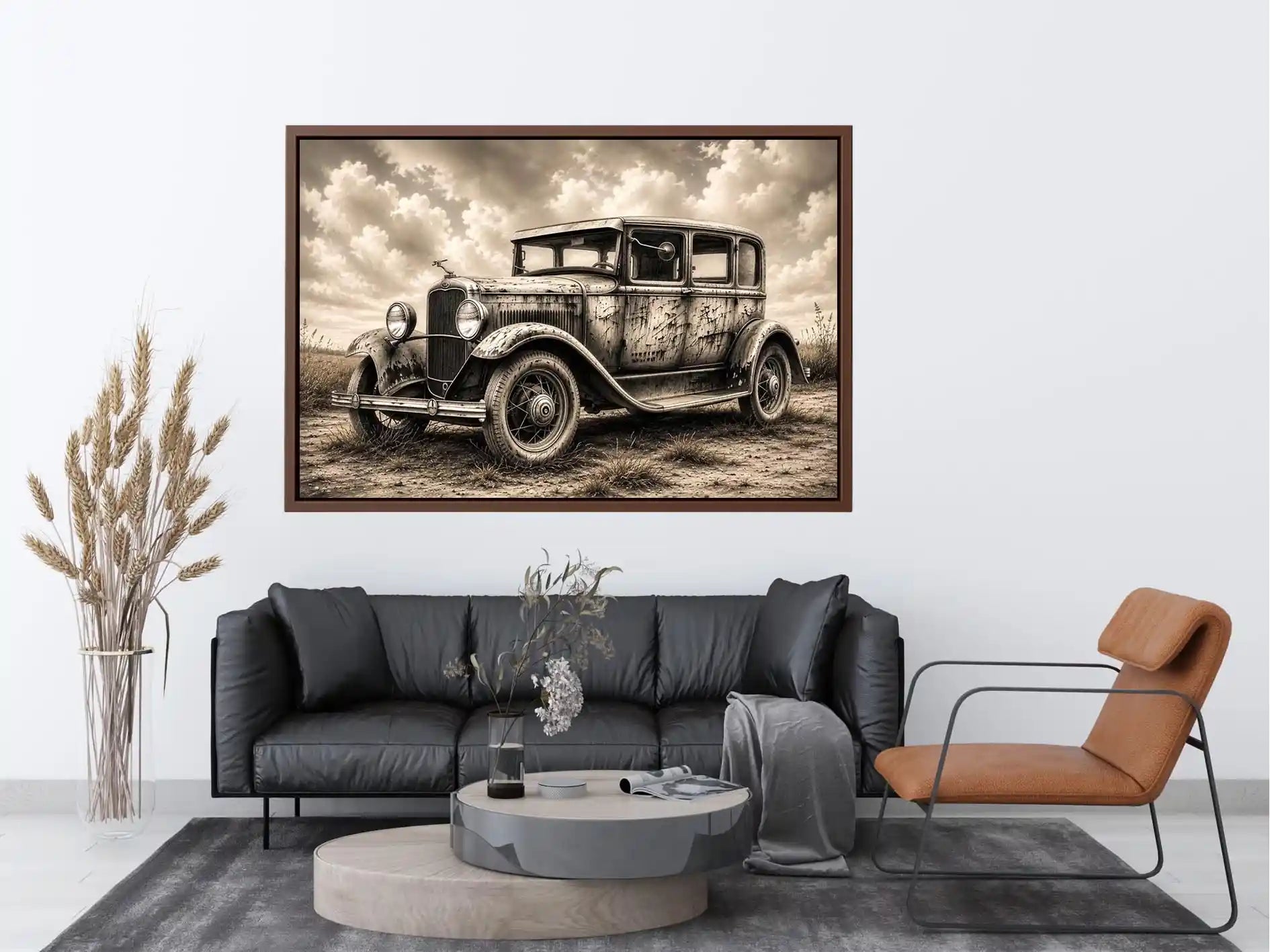 Vintage rustic classic car wall art canvas with moody countryside landscape and retro automotive charm