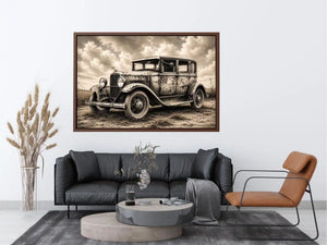 Vintage rustic classic car wall art canvas with moody countryside landscape and retro automotive charm