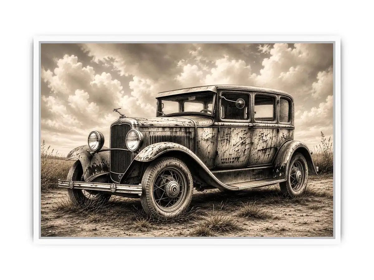 Vintage rustic classic car wall art canvas with moody countryside landscape and retro automotive charm