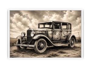 Vintage rustic classic car wall art canvas with moody countryside landscape and retro automotive charm