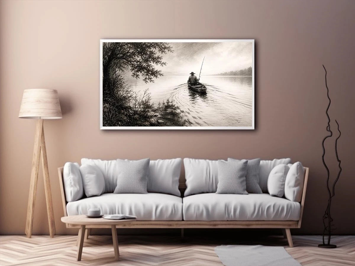 Minimalist fishing boat wall art with lone fisherman on calm lake in monochrome landscape style