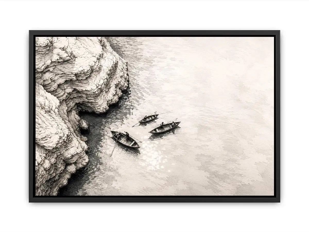 Minimalist coastal boat wall art with small rowboats beside rocky shoreline in monochrome sketch style