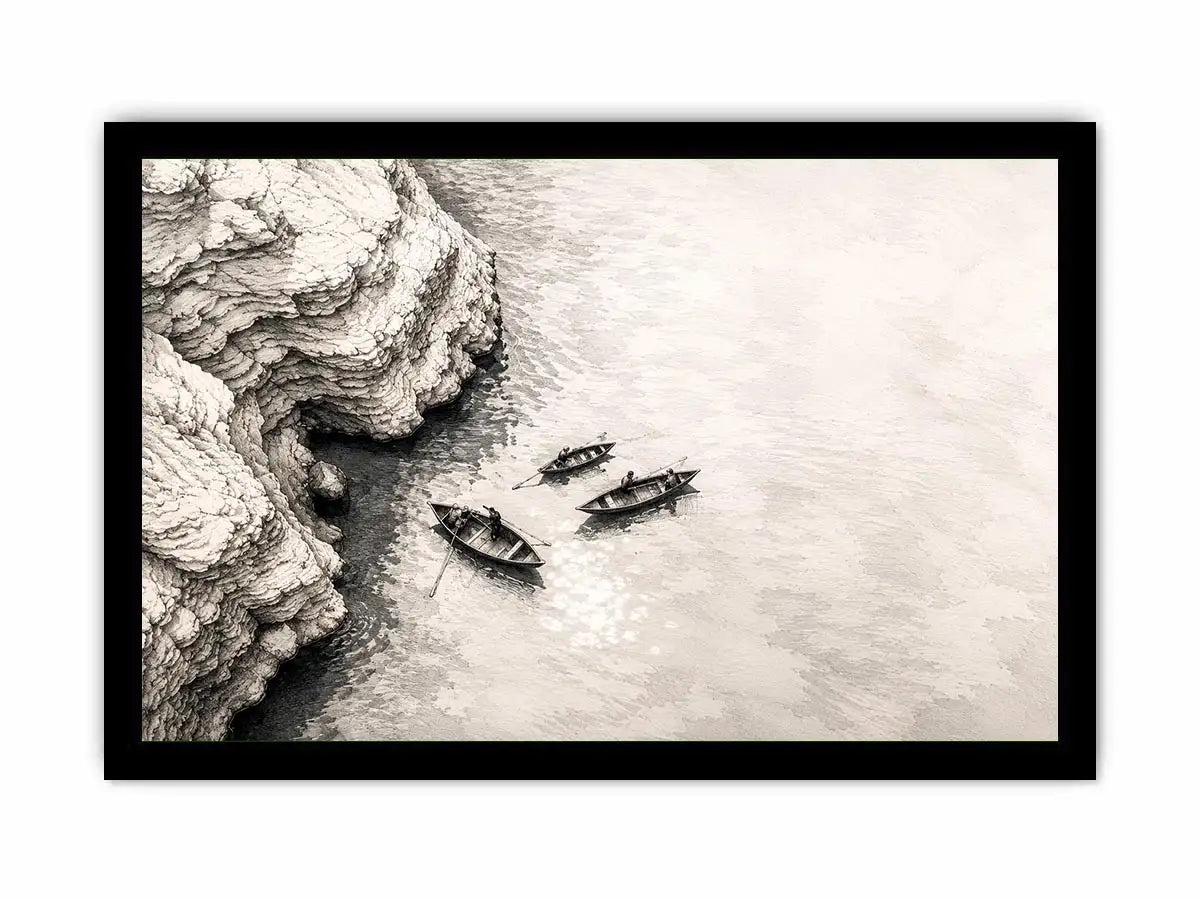 Minimalist coastal boat wall art with small rowboats beside rocky shoreline in monochrome sketch style