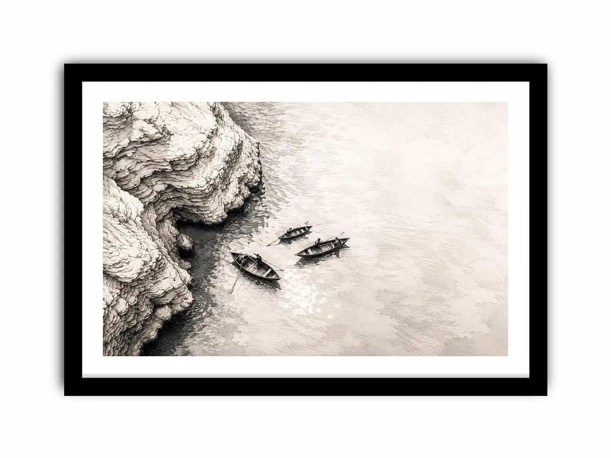 Minimalist coastal boat wall art with small rowboats beside rocky shoreline in monochrome sketch style