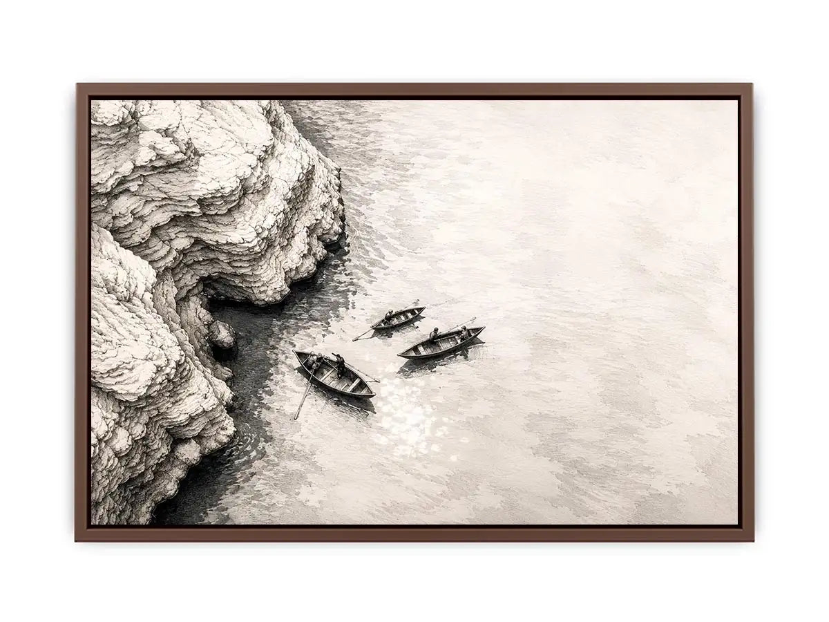 Minimalist coastal boat wall art with small rowboats beside rocky shoreline in monochrome sketch style