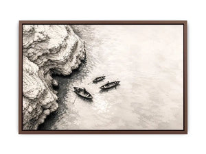 Minimalist coastal boat wall art with small rowboats beside rocky shoreline in monochrome sketch style