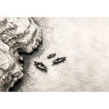 Minimalist coastal boat wall art with small rowboats beside rocky shoreline in monochrome sketch style
