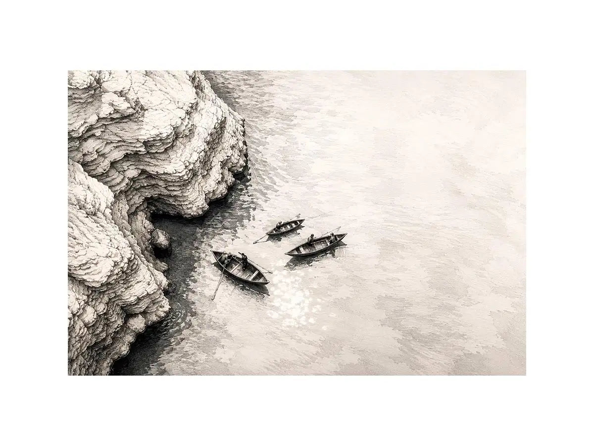 Minimalist coastal boat wall art with small rowboats beside rocky shoreline in monochrome sketch style