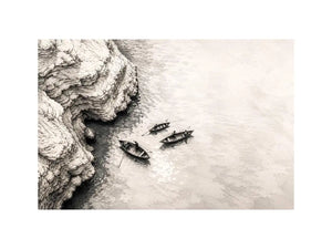 Minimalist coastal boat wall art with small rowboats beside rocky shoreline in monochrome sketch style