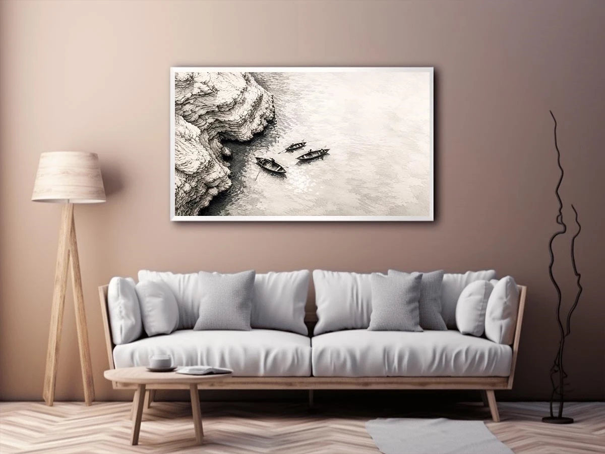 Minimalist coastal boat wall art with small rowboats beside rocky shoreline in monochrome sketch style