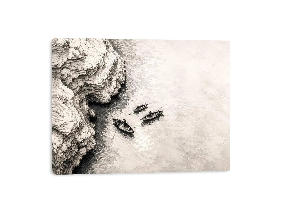 Minimalist coastal boat wall art with small rowboats beside rocky shoreline in monochrome sketch style