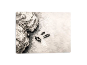 Minimalist coastal boat wall art with small rowboats beside rocky shoreline in monochrome sketch style