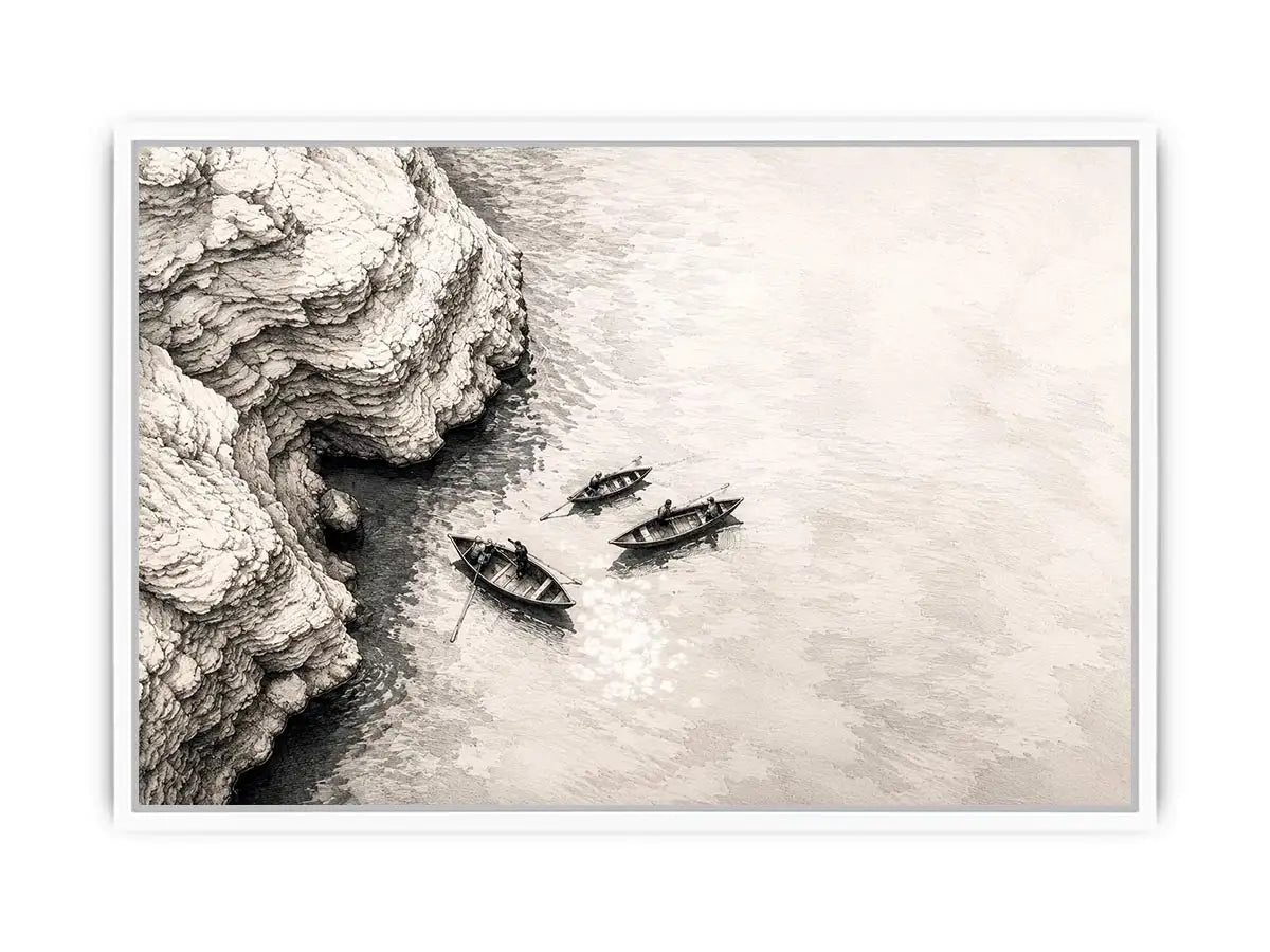 Minimalist coastal boat wall art with small rowboats beside rocky shoreline in monochrome sketch style