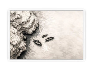 Minimalist coastal boat wall art with small rowboats beside rocky shoreline in monochrome sketch style