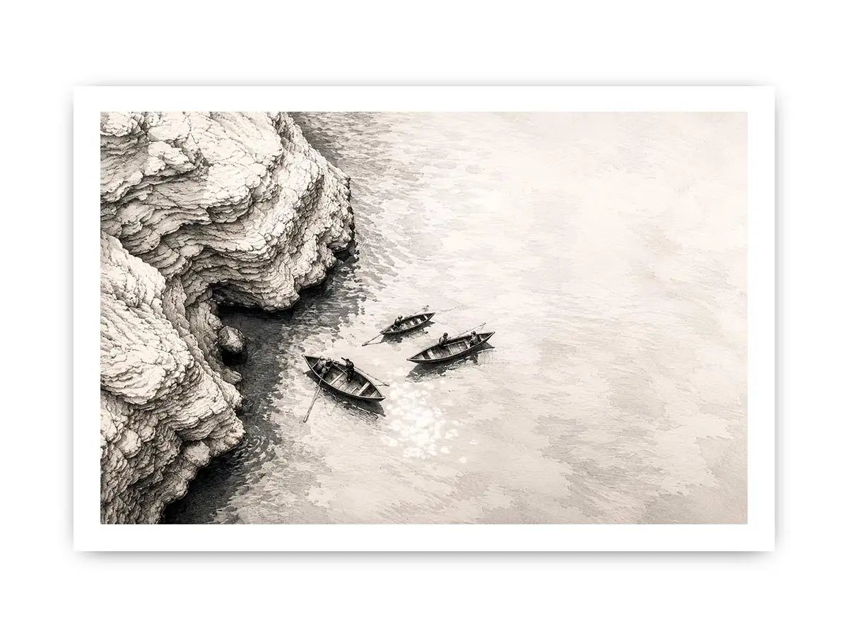 Minimalist coastal boat wall art with small rowboats beside rocky shoreline in monochrome sketch style