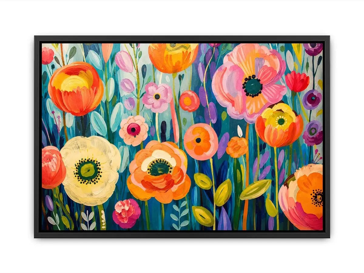 Colorful abstract floral wall art with vibrant modern botanical flowers and layered painterly textures