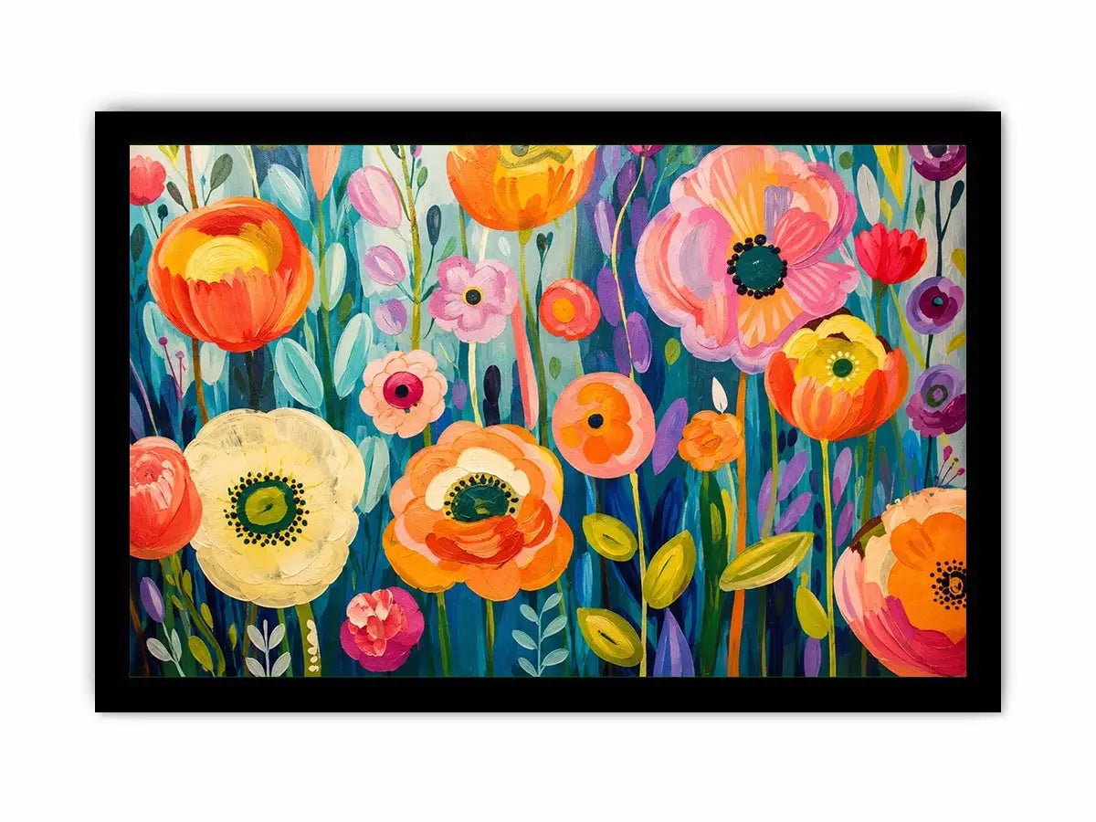 Colorful abstract floral wall art with vibrant modern botanical flowers and layered painterly textures