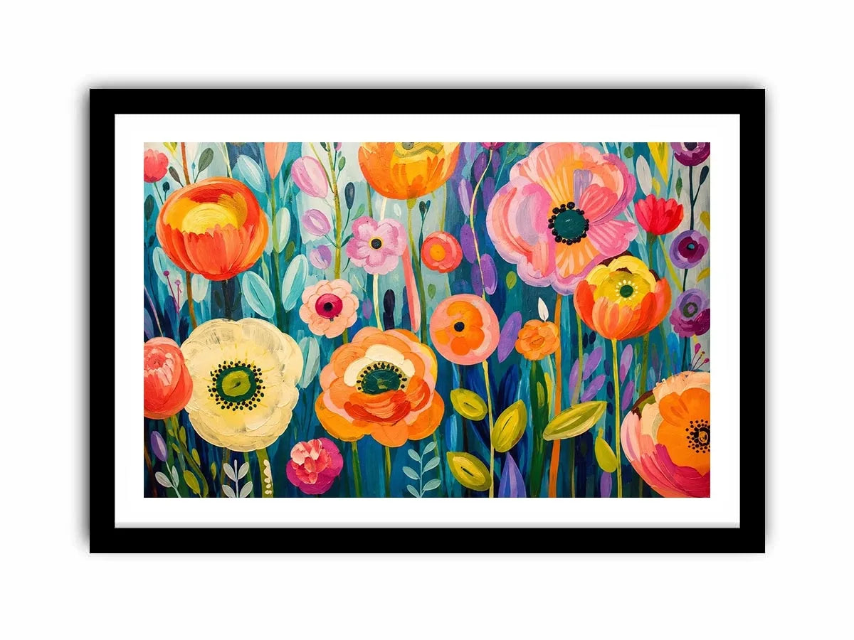 Colorful abstract floral wall art with vibrant modern botanical flowers and layered painterly textures