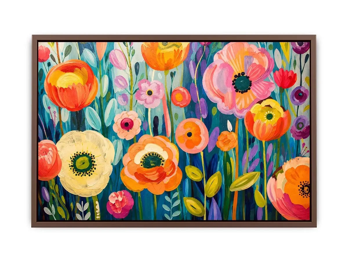 Colorful abstract floral wall art with vibrant modern botanical flowers and layered painterly textures