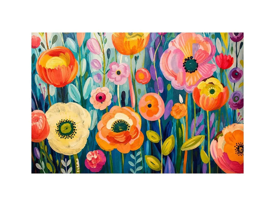 Colorful abstract floral wall art with vibrant modern botanical flowers and layered painterly textures