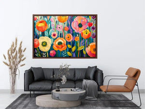 Colorful abstract floral wall art with vibrant modern botanical flowers and layered painterly textures