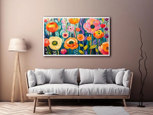 Colorful abstract floral wall art with vibrant modern botanical flowers and layered painterly textures