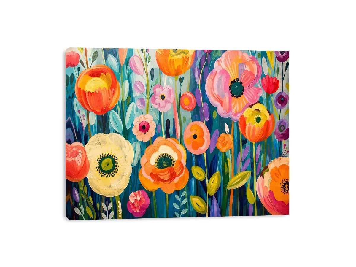 Colorful abstract floral wall art with vibrant modern botanical flowers and layered painterly textures