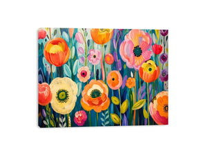 Colorful abstract floral wall art with vibrant modern botanical flowers and layered painterly textures
