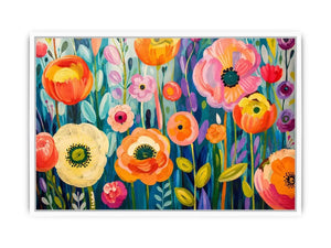 Colorful abstract floral wall art with vibrant modern botanical flowers and layered painterly textures