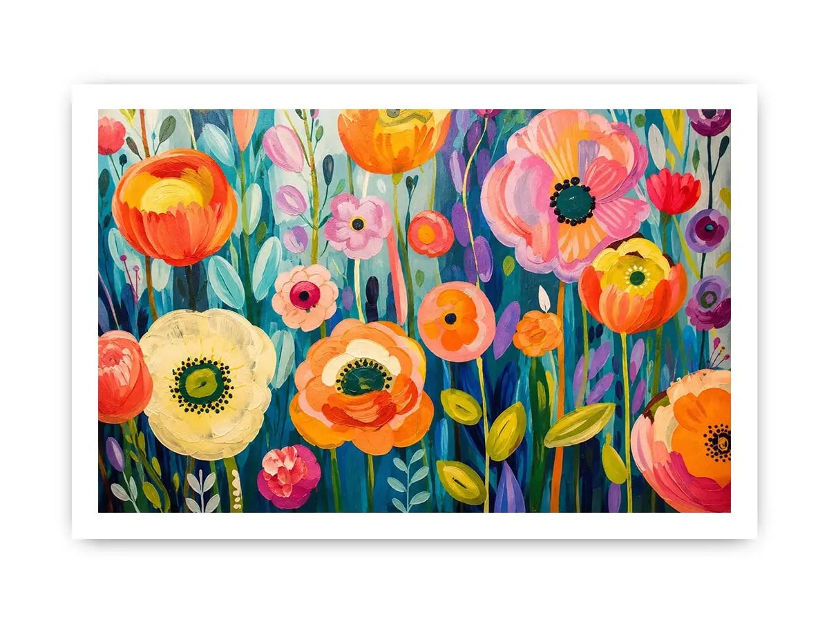 Colorful abstract floral wall art with vibrant modern botanical flowers and layered painterly textures