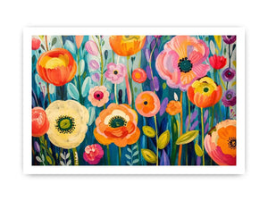 Colorful abstract floral wall art with vibrant modern botanical flowers and layered painterly textures