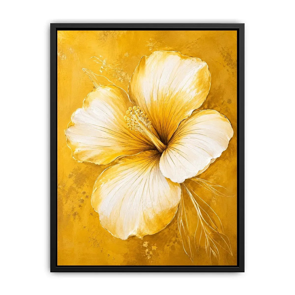 Minimalist white hibiscus flower wall art on golden yellow textured background with elegant botanical modern design