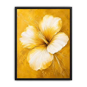Minimalist white hibiscus flower wall art on golden yellow textured background with elegant botanical modern design