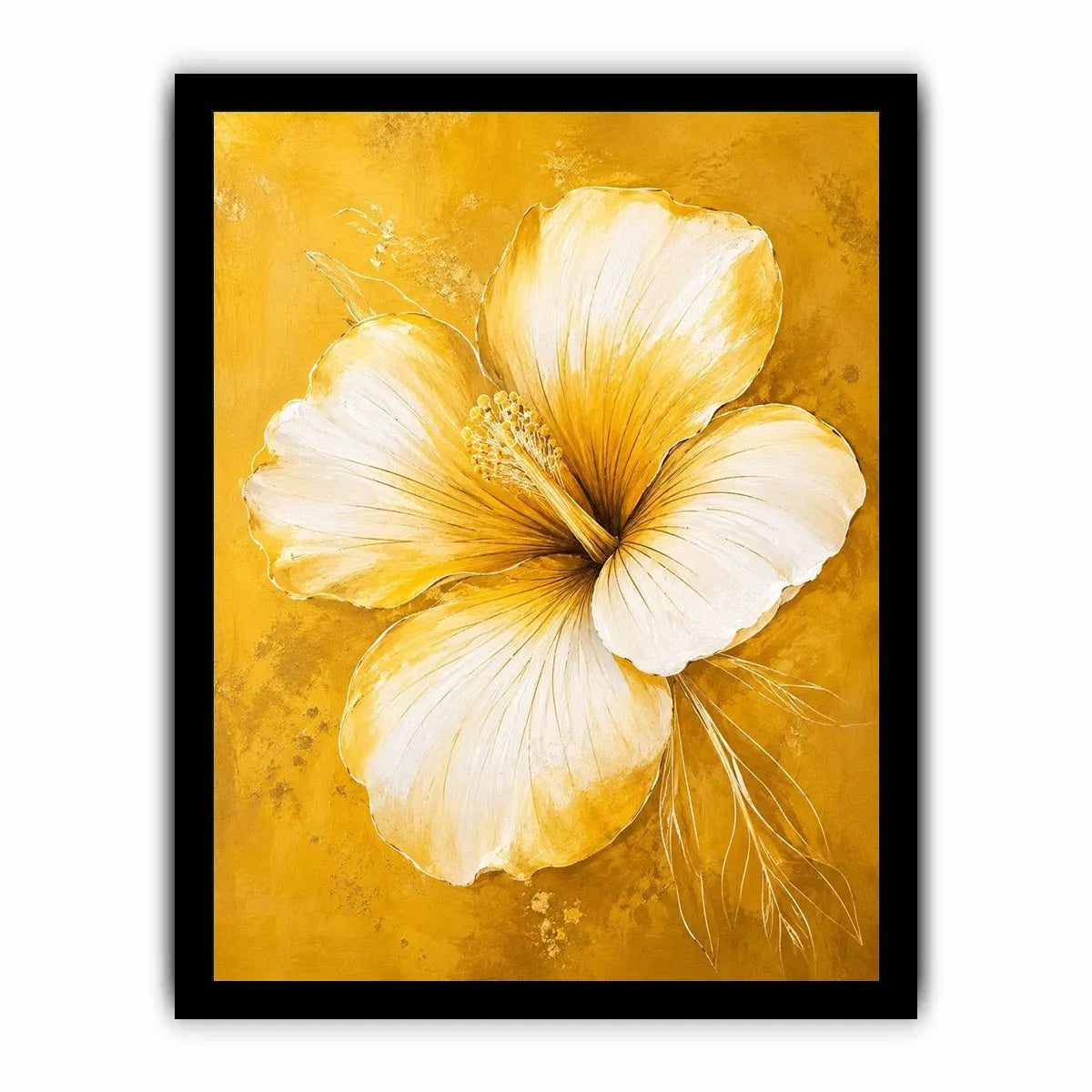 Minimalist white hibiscus flower wall art on golden yellow textured background with elegant botanical modern design