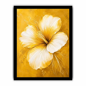 Minimalist white hibiscus flower wall art on golden yellow textured background with elegant botanical modern design