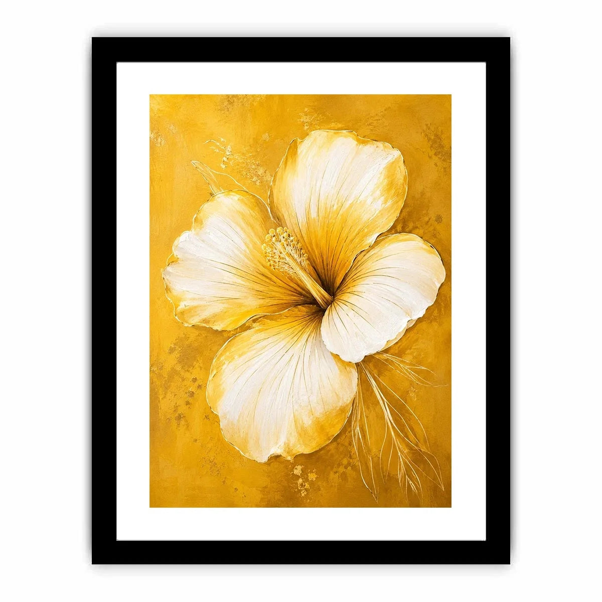 Minimalist white hibiscus flower wall art on golden yellow textured background with elegant botanical modern design