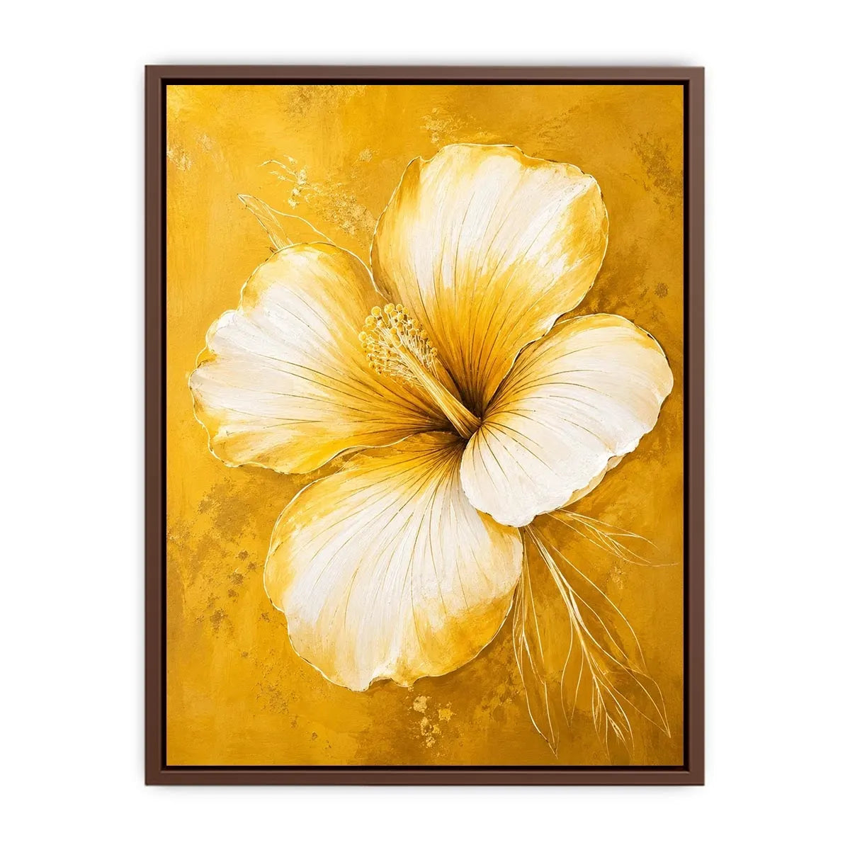 Minimalist white hibiscus flower wall art on golden yellow textured background with elegant botanical modern design